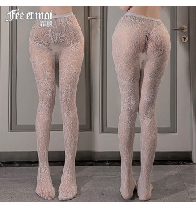 FEE ET MOI Ins Style Flowers Fishnet Waist High Stocking (White)